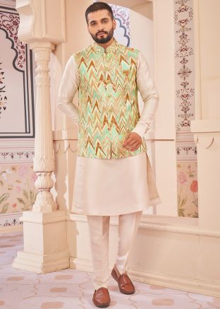 Men Kurta Pant With Woven Nehru Jacket In Cream