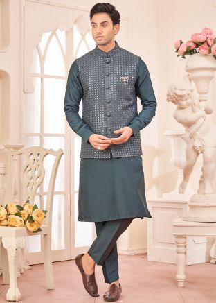 Dark Grey Kurta Pant With Embellished Nehru Jacket