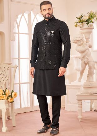 Kurta Pant With Embellished Nehru Jacket In Black
