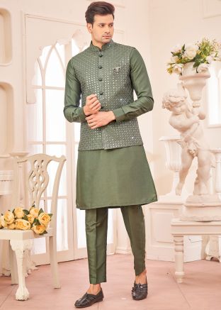 Kurta Pant With Embellished Nehru Jacket In Mehendi Green
