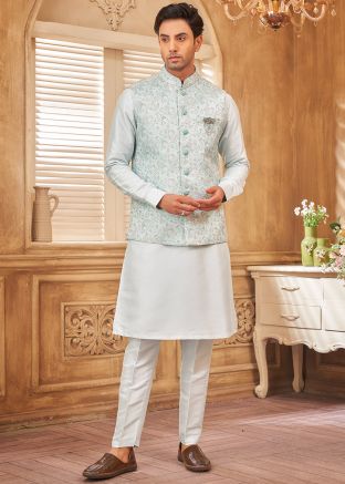 Men Blue Kurta Pant With Woven Nehru Jacket
