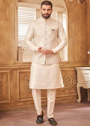 Men Cream Kurta Pant With Woven Nehru Jacket