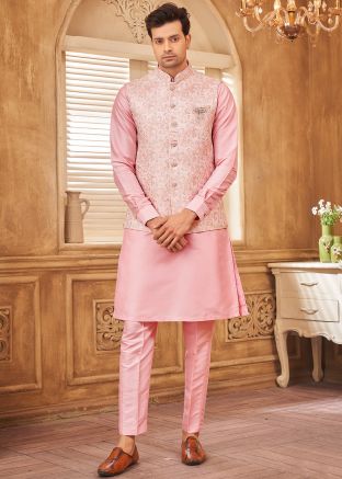 Readymade Pink Kurta Pant With Woven Nehru Jacket