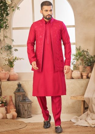 Readymade Pink Embroidered Kurta Pajama With Jacket