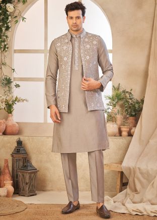 Readymade Grey Embroidered Kurta Pajama With Jacket