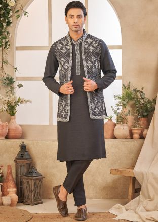 Readymade Embroidered Kurta Pant With Jacket In Black