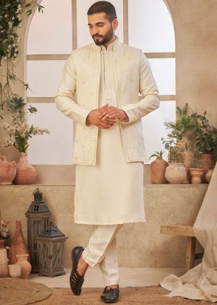 Men Embroidered Kurta Pant With Jacket In Cream