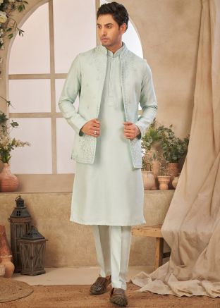 Men Embroidered Kurta Pant With Jacket In Blue