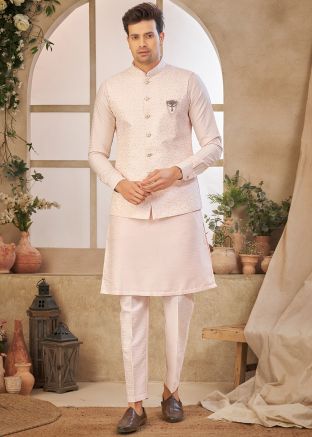 Light Pink Embroidered Kurta Pant With Nehru Jacket
