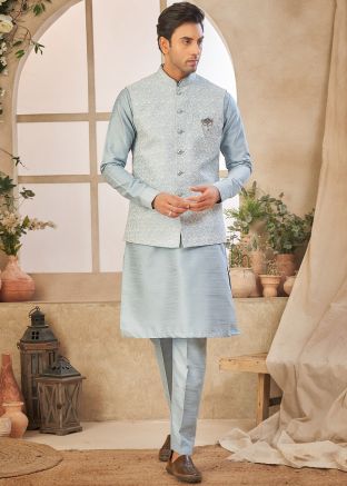 Readymade Blue Embroidered Kurta Pant With Nehru Jacket
