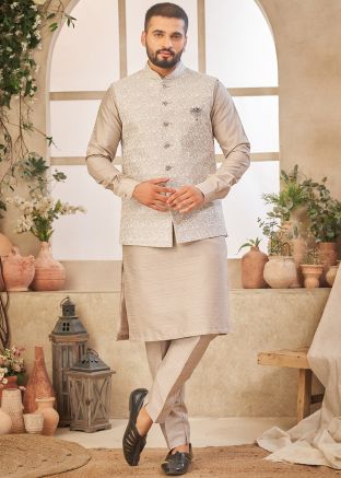 Oyester Grey Embroidered Kurta Pant With Nehru Jacket