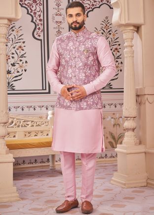 Pink Kurta Pant With Printed Nehru Jacket