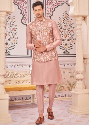 Peach Men Kurta Pant With Printed Nehru Jacket