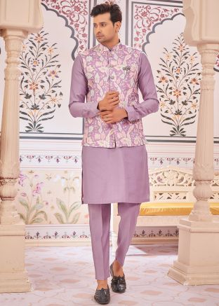 Purple Men Kurta Pant With Printed Nehru Jacket