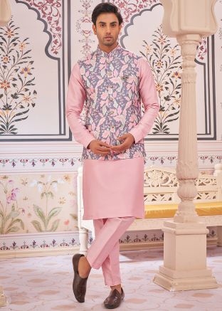 Pink Readymade Kurta Pant With Printed Nehru Jacket