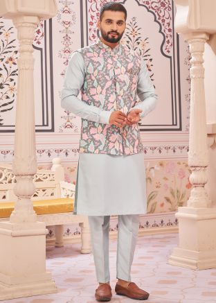 Blue Readymade Kurta Pant With Printed Nehru Jacket