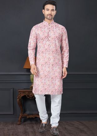 Peach Digital Printed Readymade Men Kurta Pajama In Rayon