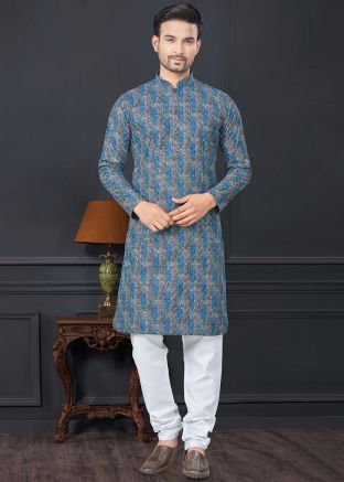 Blue Digital Printed Readymade Men Kurta Pajama In Rayon