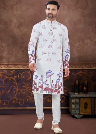 Off White Readymade Embroidered Men Kurta Pajama In Rayon