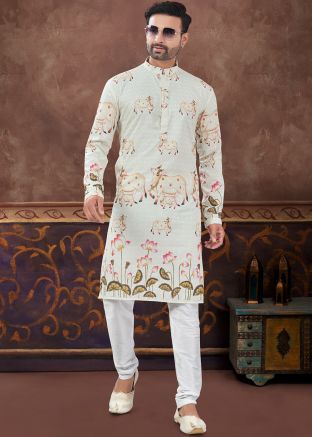 Cream Readymade Embroidered Rayon Men Kurta Pajama