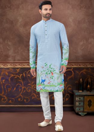 Blue Readymade Embroidered Men Kurta Pajama In Rayon