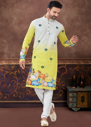 Shaded Yellow Readymade Rayon Men Kurta Pajama In Embroidery