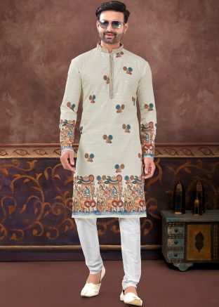 Cream Readymade Embroidered Rayon Men Kurta Pajama Set