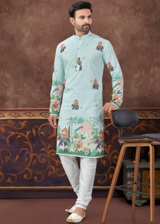 Mint Green Embroidered Readymade Rayon Men Kurta Pajama