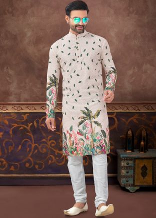 Light Peach Readymade Embroidered Men Kurta Pajama In Rayon