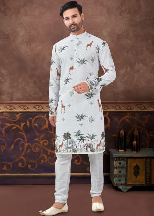 Off White Readymade Men Rayon Kurta Pajama In Embroidery
