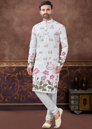 Off White Embroidered Readymade Men Kurta Pajama In Rayon
