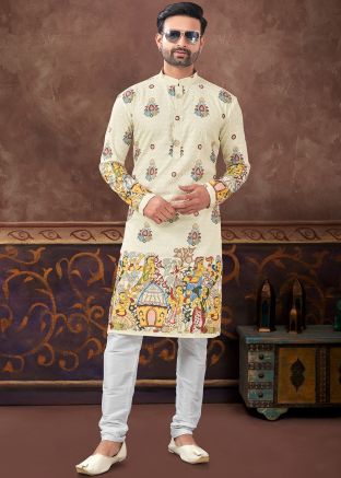 Light Yellow Readymade Embroidered Men Rayon Kurta Pajama Set