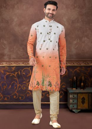 Shaded Orange Readymade Rayon Men Kurta Pajama In Embroidery