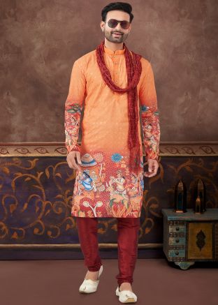 Readymade Orange Embroidered Men Kurta Pajama In Rayon