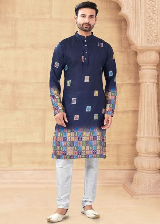 Navy Blue Readymade Digital Print Men Kurta Pajama In Art Silk