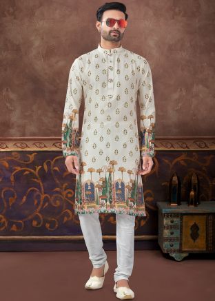 Cream Readymade Art Silk Men Kurta Pajama In Digital Print