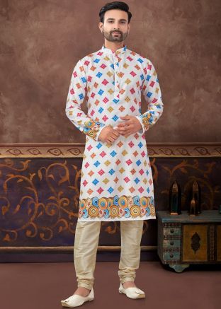 Off White Digital Printed Readymade Men Art Silk Kurta Pajama 