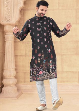 Black Readymade Digital Printed Men Kurta Pajama In Art Silk