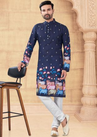 Navy Blue Readymade Art Silk Men Kurta Pajama In Digital Print