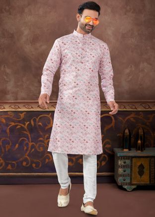 Pink Digital Print Readymade Men Jacquard Kurta Pajama Set