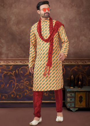 Yellow Readymade Digital Print Men Kurta Pajama In Jacquard
