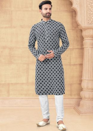 Black And White Readymade Embroidered Kurta Pajama In Rayon