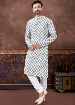 Off White & Black Readymade Embroidered Kurta Pajama Set