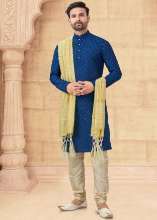 Blue Readymade Embroidered Men Kurta Pajama In Art Silk