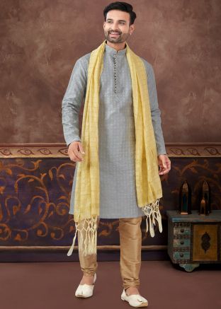 Grey Readymade Art Silk Men Thread Embroidered Kurta Pajama 