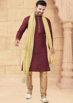 Maroon Readymade Art Silk Kurta Pajama In Thread Embroidery