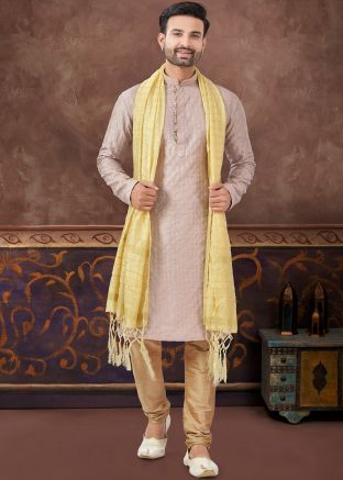 Light Peach Readymade Men Embroidered Kurta Pajama In Art Silk