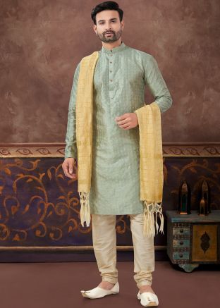 Pastel Green Readymade Art Silk Men Embroidered Kurta Pajama 