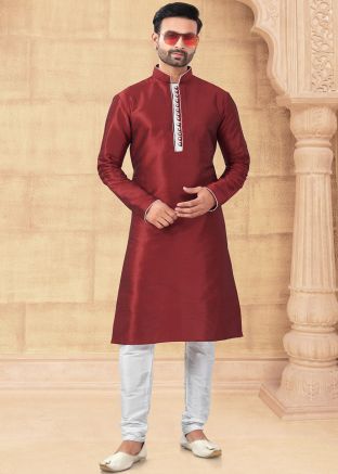 Maroon Plain Readymade Men Art Silk Kurta Pajama 