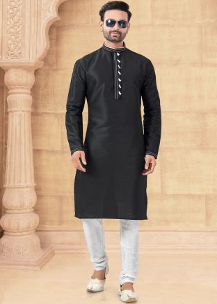 Black Readymade Plain Art Silk Men Kurta Pajama Set